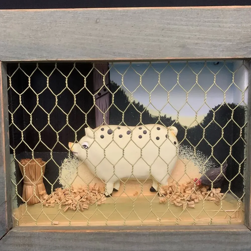 Vintage Pig & Chicken Folk Art Shadow Box Wall Hanging